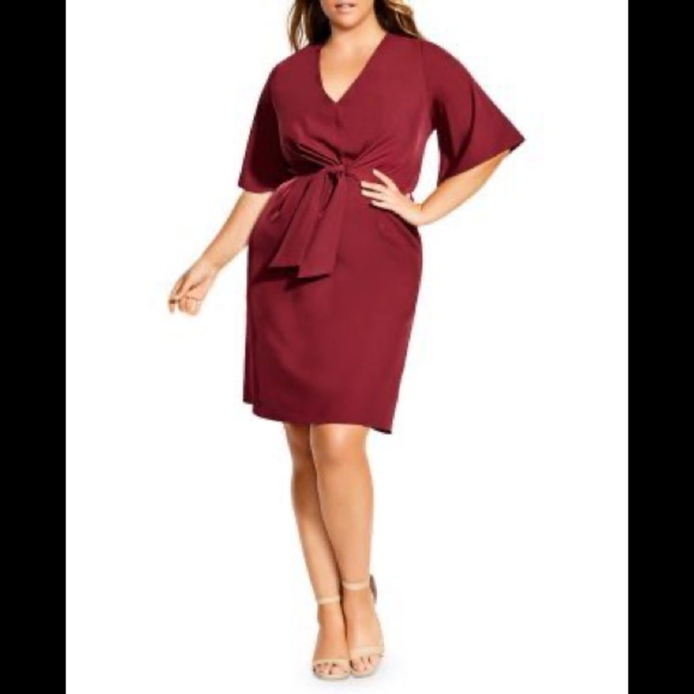 City chic maroon tie waist short sleeve dress